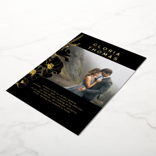 野エレガント花モダン黒結婚の写真 箔招待状 (回転した状態)