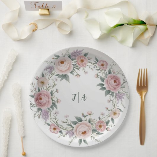 野エレガント花花結婚柄 ペーパープレート (ウェディング)