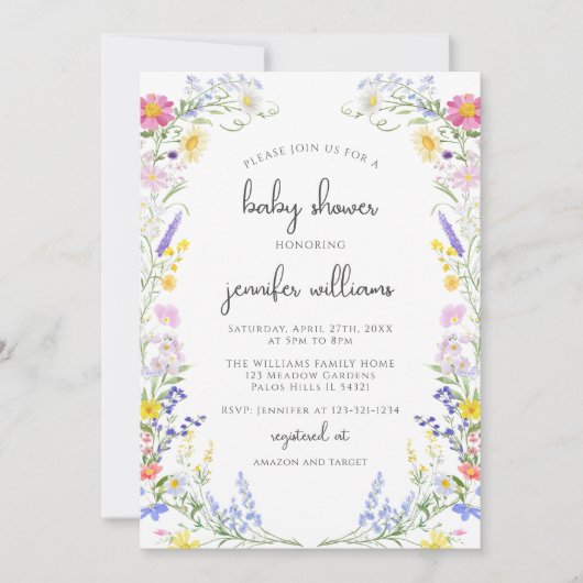 野エレガント花草花赤ちゃんガールシャワー 招待状 (正面)