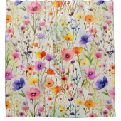 野カラフル花の水色 シャワーカーテン (正面)