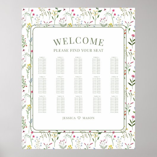 野カラフル花の結婚素朴な座席表 ポスター (正面)