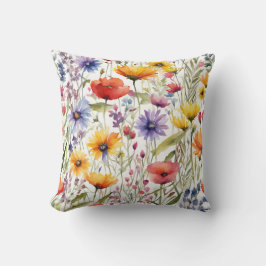 野カラフル花ケシとデイジー クッション