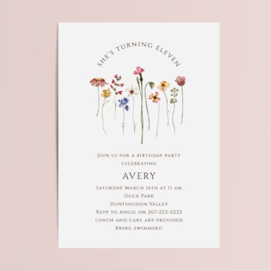 野カラフル花十一歳の誕生日パーティー 招待状