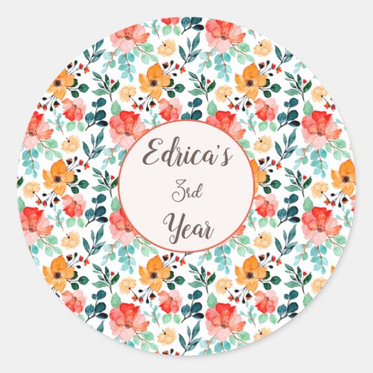 野カラフル花混合花柄 ラウンドシール (正面)