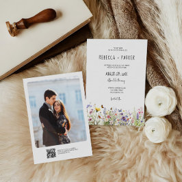 野カラフル花結婚の写真とQRコード 招待状