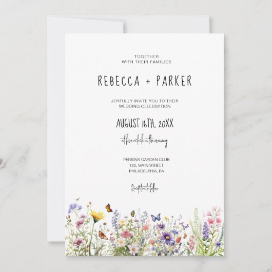 野カラフル花結婚の写真とQRコード 招待状 (正面)