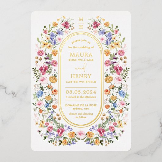 野カラフル花草木園の花結婚の数 箔招待状 (正面)