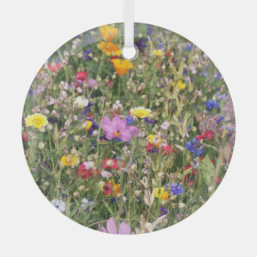 野カラフル花草野鮮やか柄。 ガラスオーナメント (正面)