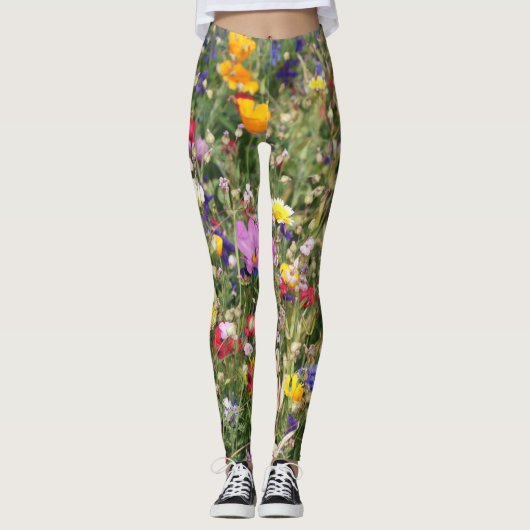 野カラフル花草野鮮やか柄。 レギンス (正面)