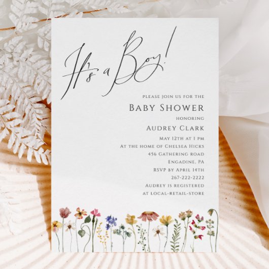 野カラフル花赤ちゃんシャワー男の子 招待状