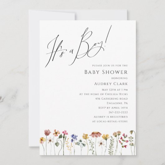 野カラフル花赤ちゃんシャワー男の子 招待状 (正面)