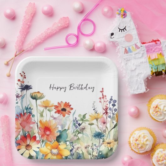 野カラフル花鮮やか誕生日 ペーパープレート (パーティー)