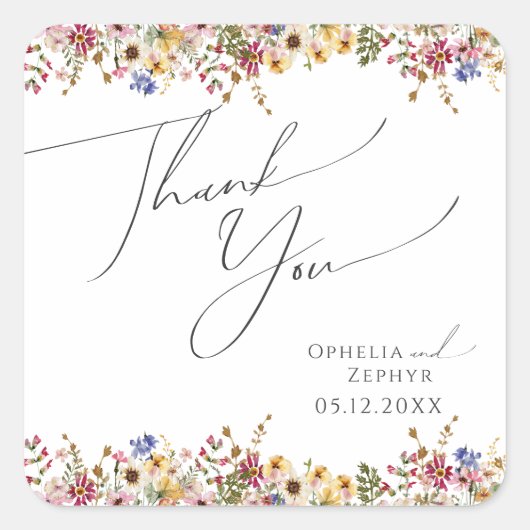 野カラフル花 | Meadow 結婚's Thank You スクエアシール (正面)