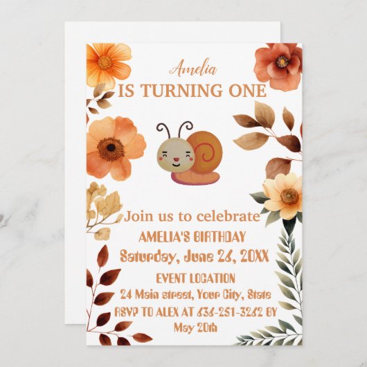 野パーソナライズされた花飾り1歳 招待状 (正面/裏面)