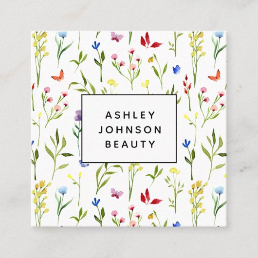 野モダンカラフル花の模様フェミニン スクエア名刺 (正面)