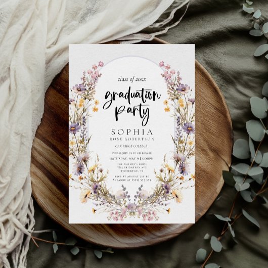 野モダン花はっきりした園卒業パーティー 招待状