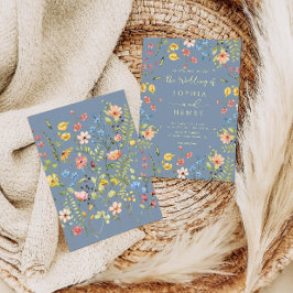 野モダン花エレガントダスティブルー結婚ズ 招待状