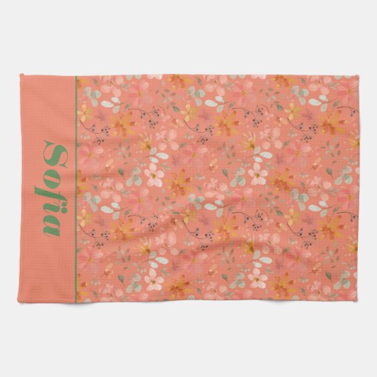 野モダン花ピンク黄色のパターン名オレンジ キッチンタオル (横)