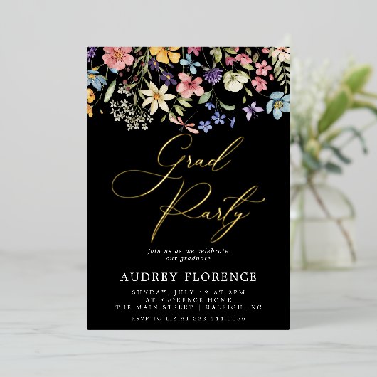 野モダン花フローラ写真卒業パーティー 箔招待状 (立ち正面)