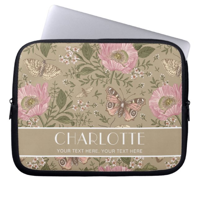 野モダン花植物茶色フローラモノグラム ラップトップスリーブ (正面)