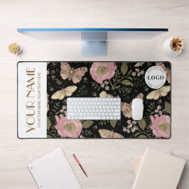 野モダン花植物黒フローラモノグラム デスクマット