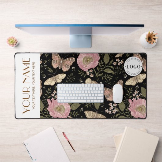 野モダン花植物黒フローラモノグラム デスクマット (オフィス1)