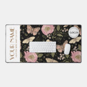 野モダン花植物黒フローラモノグラム デスクマット (キーボード&マウス)