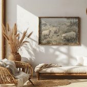 野原で放牧する羊のグループの油絵 ポスター