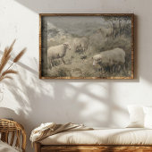 野原で放牧する羊のグループの油絵 ポスター