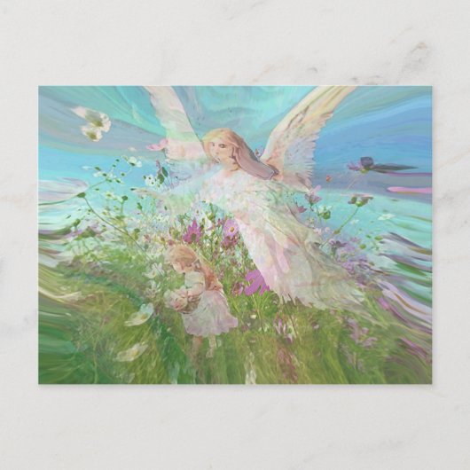 野原で花を集める子供。 ポストカード (正面)