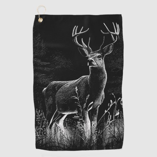 野原と木で囲まれた〔雄ジカの〕枝角を持つ鹿 ゴルフタオル (正面)
