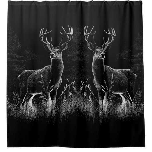 野原と木で囲まれた〔雄ジカの〕枝角を持つ鹿 シャワーカーテン (正面)