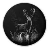 野原と木で囲まれた〔雄ジカの〕枝角を持つ鹿 セラミックノブ (正面)