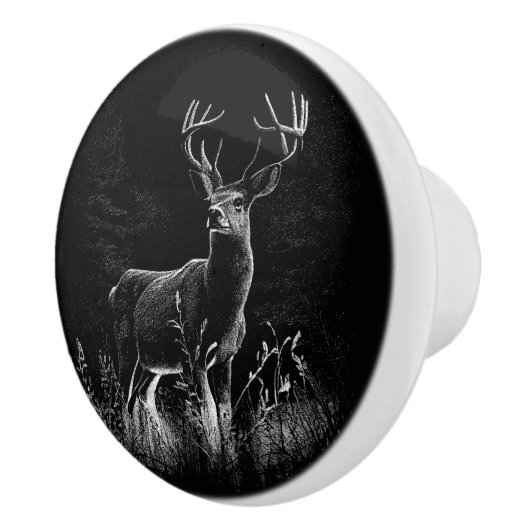 野原と木で囲まれた〔雄ジカの〕枝角を持つ鹿 セラミックノブ (右)