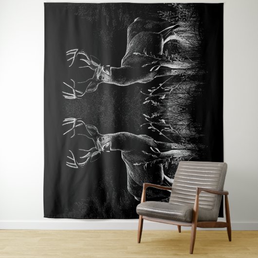 野原と木で囲まれた〔雄ジカの〕枝角を持つ鹿 タペストリー (インサイチュ)