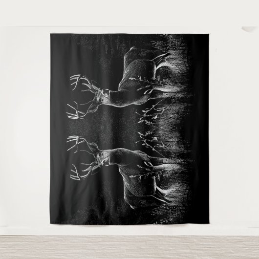 野原と木で囲まれた〔雄ジカの〕枝角を持つ鹿 タペストリー (正面)