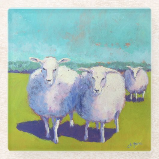 野原に二頭の羊 ガラスコースター (正面)