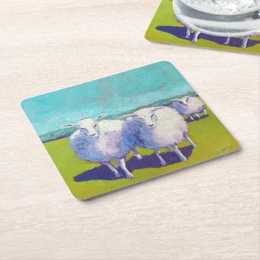 野原に二頭の羊 スクエアペーパーコースター (アングル)