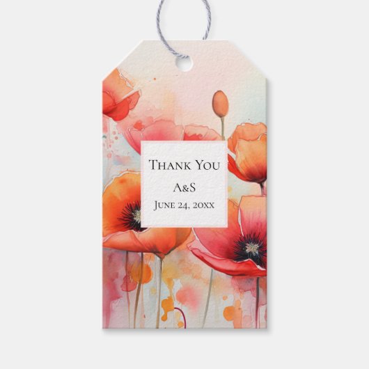 野原に咲く赤い水色のケシ結婚シ ギフトタグ (正面)