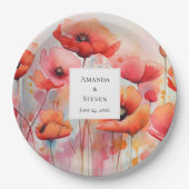 野原に咲く赤い水色のケシ結婚シ ペーパープレート (正面)