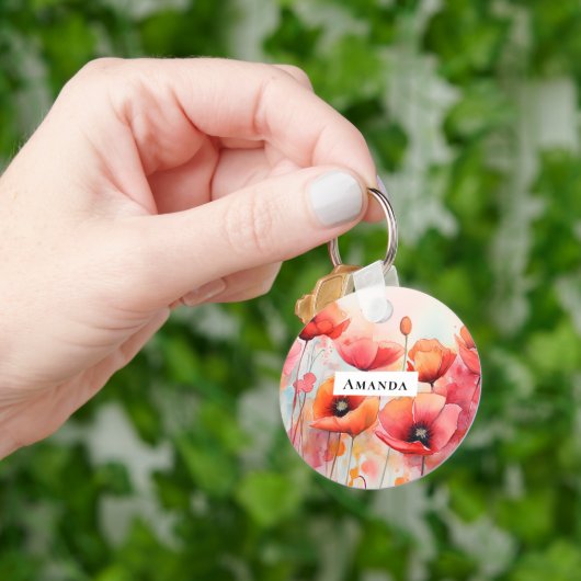 野原に咲く赤い水色のケシ キーホルダー (手)