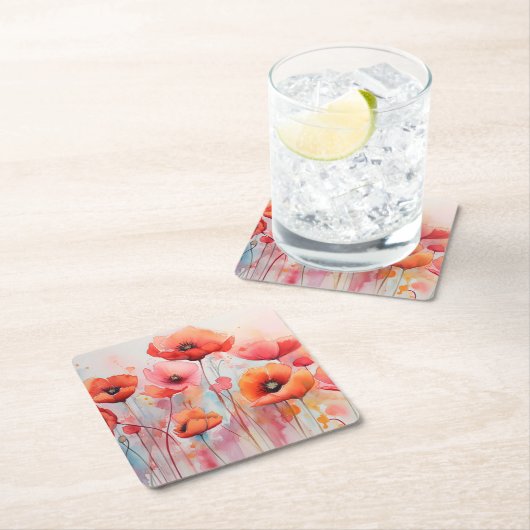 野原に咲く赤い水色のケシ スクエアペーパーコースター (インサイチュ)