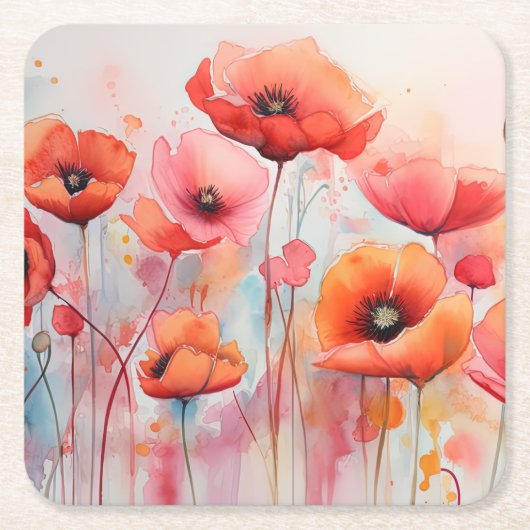 野原に咲く赤い水色のケシ スクエアペーパーコースター (正面)