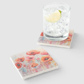 野原に咲く赤い水色のケシ ストーンコースター (横)