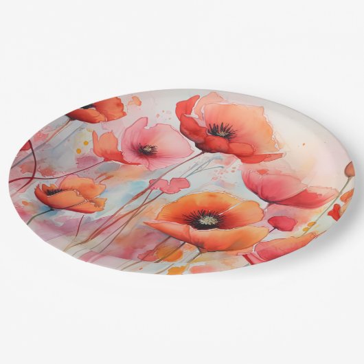 野原に咲く赤い水色のケシ ペーパープレート (アングル)