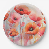 野原に咲く赤い水色のケシ ペーパープレート (正面)