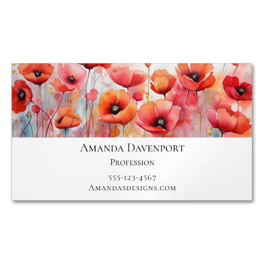 野原に咲く赤い水色のケシ マグネット名刺 (正面)