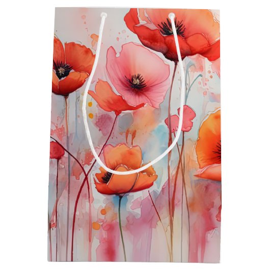 野原に咲く赤い水色のケシ ミディアムペーパーバッグ (裏面)