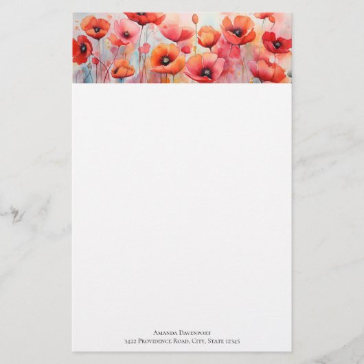 野原に咲く赤い水色のケシ 便箋 (正面)