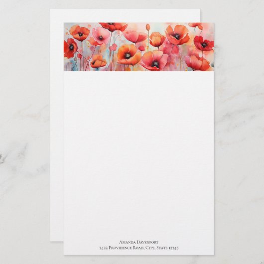 野原に咲く赤い水色のケシ 便箋 (正面/裏面)